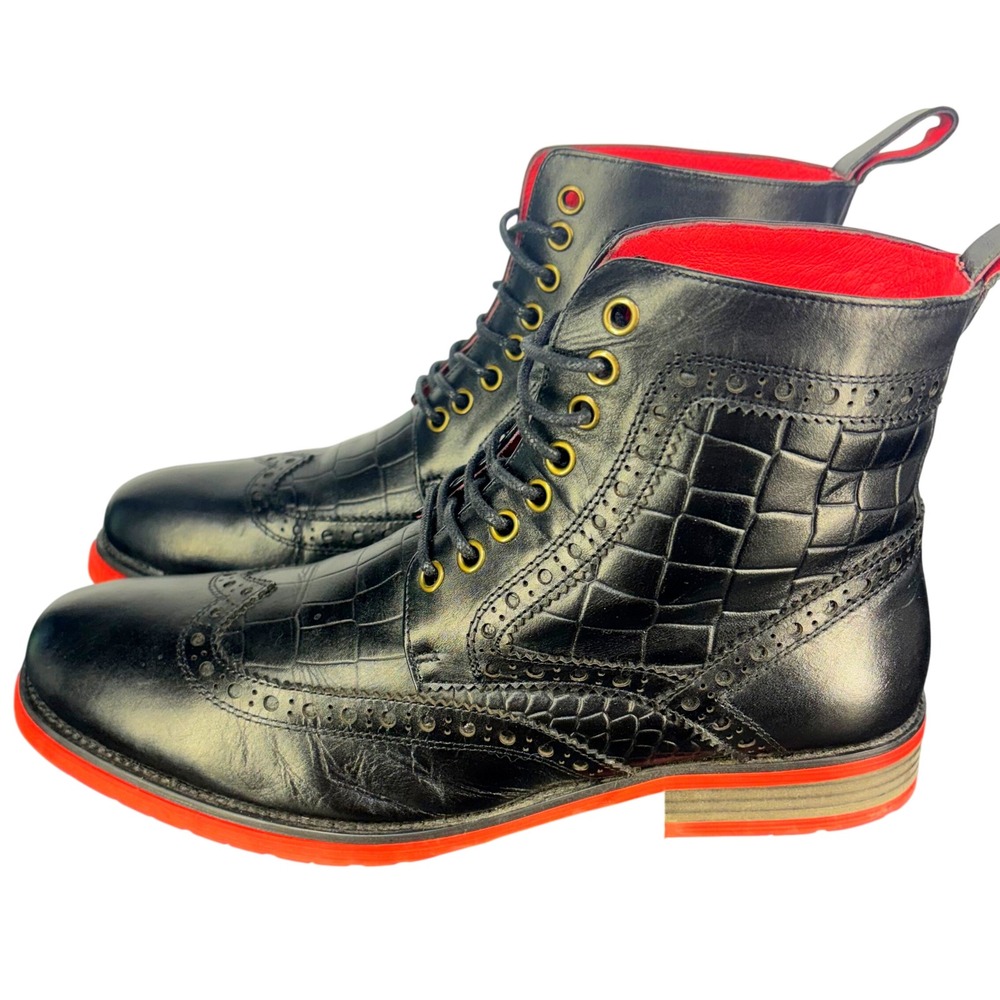 Marc Nolan Black Ankle Boots Moto Croc Embossed Leather Red Sole Grunge Mens 7 - Picture 2 of 8